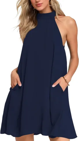 AUSELILY Womens Summer Dress Sleeveless Halter Neck Beach Dress Casual Sundresses with Pockets