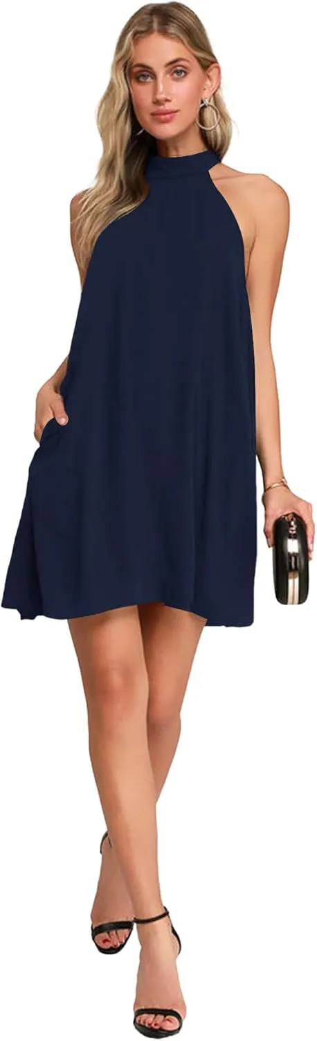AUSELILY Womens Summer Dress Sleeveless Halter Neck Beach Dress Casual Sundresses with Pockets