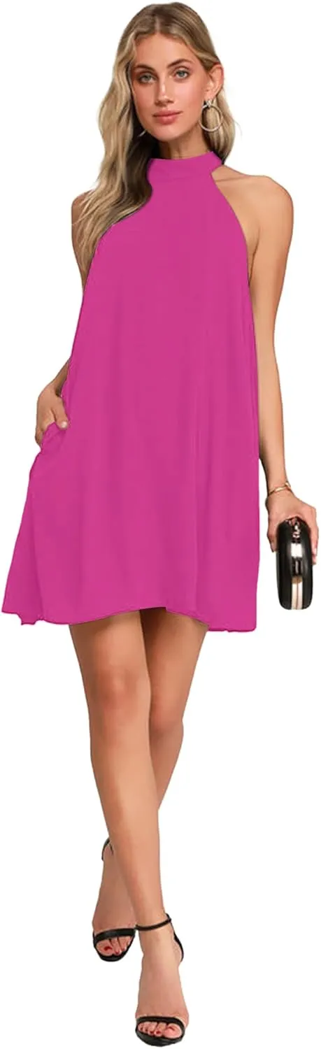 AUSELILY Womens Summer Dress Sleeveless Halter Neck Beach Dress Casual Sundresses with Pockets