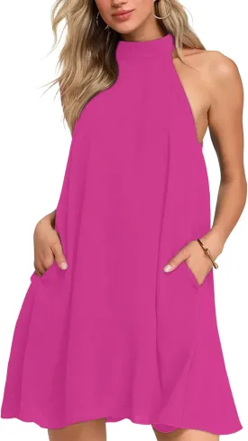 AUSELILY Womens Summer Dress Sleeveless Halter Neck Beach Dress Casual Sundresses with Pockets