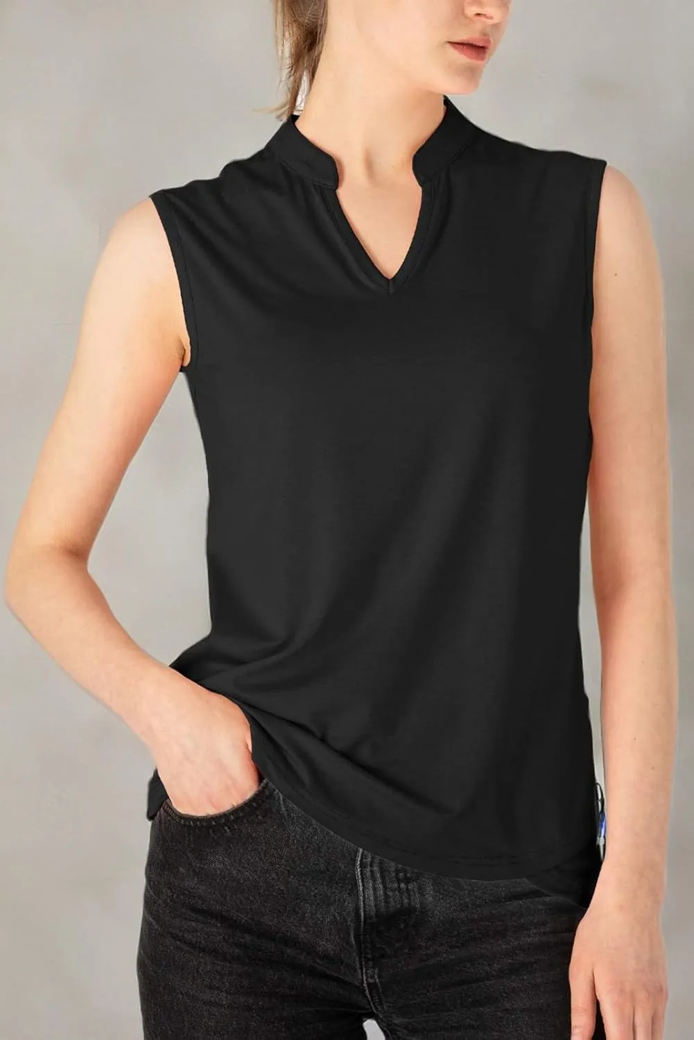 BASUDAM Women's Sleeveless Golf Polo Shirts V-Neck Collarless Tennis Running T-Shirts Quick Dry