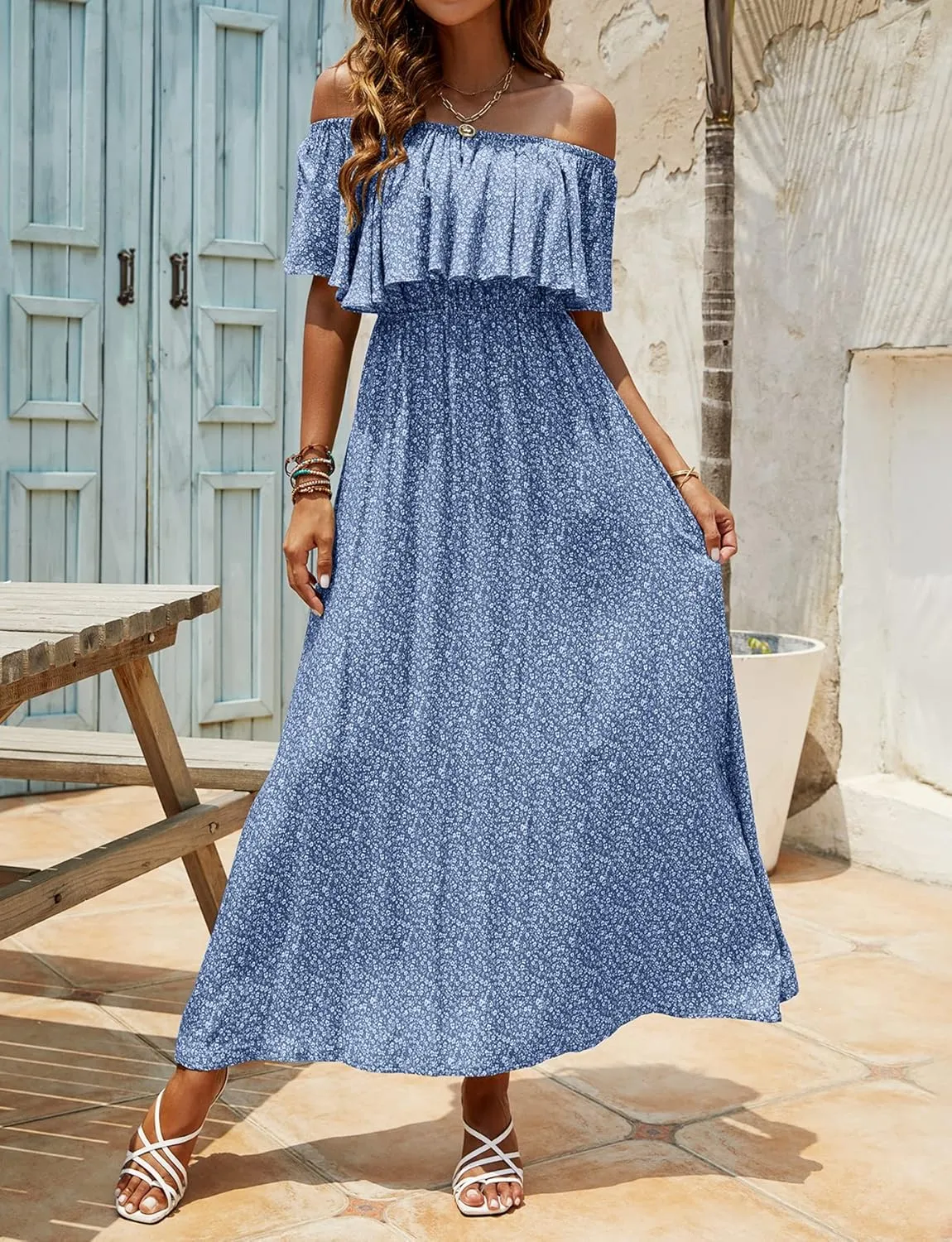 Bluetime Womens Maxi Dress Off Shoulder Floral Print Boho Beach Long Summer Dresses
