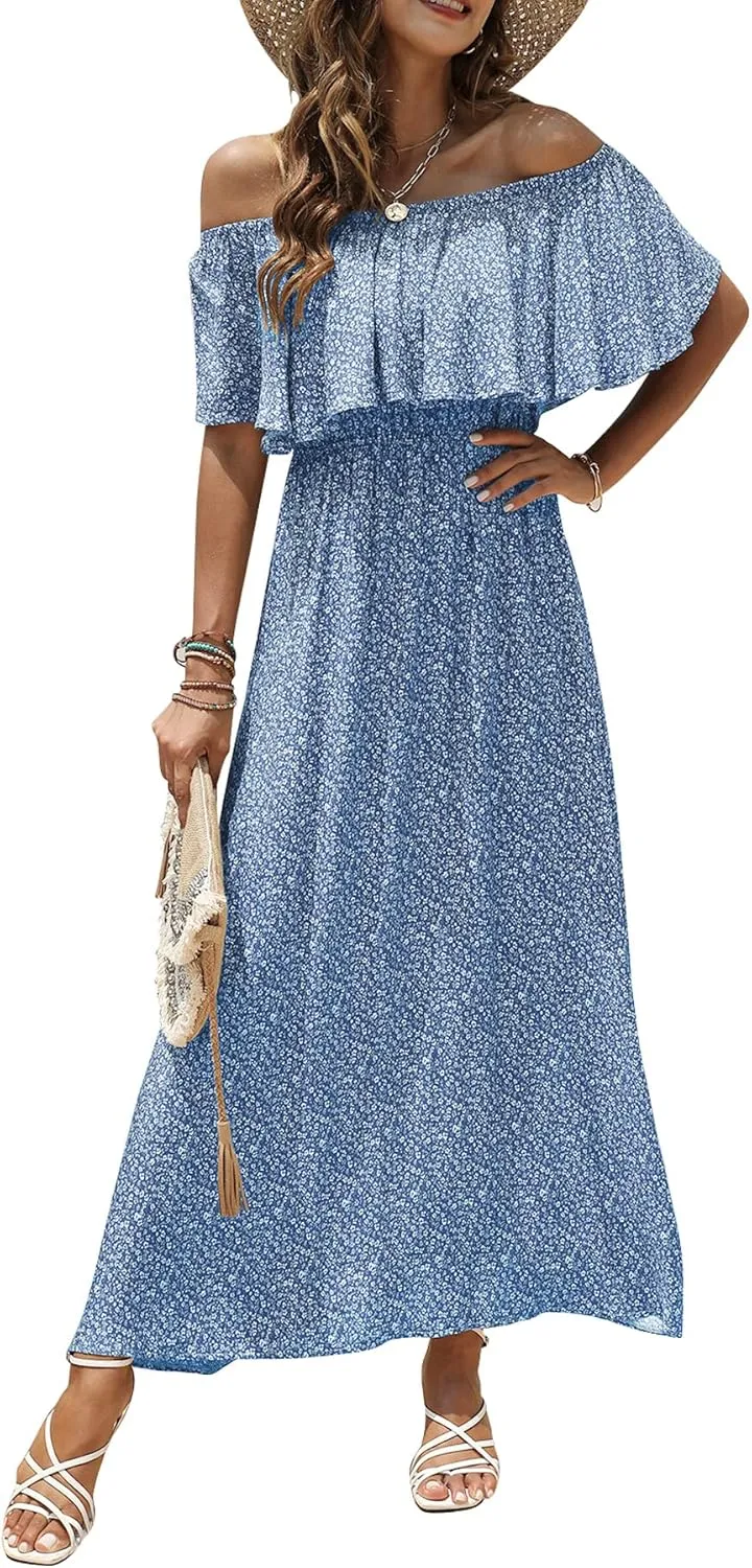 Bluetime Womens Maxi Dress Off Shoulder Floral Print Boho Beach Long Summer Dresses