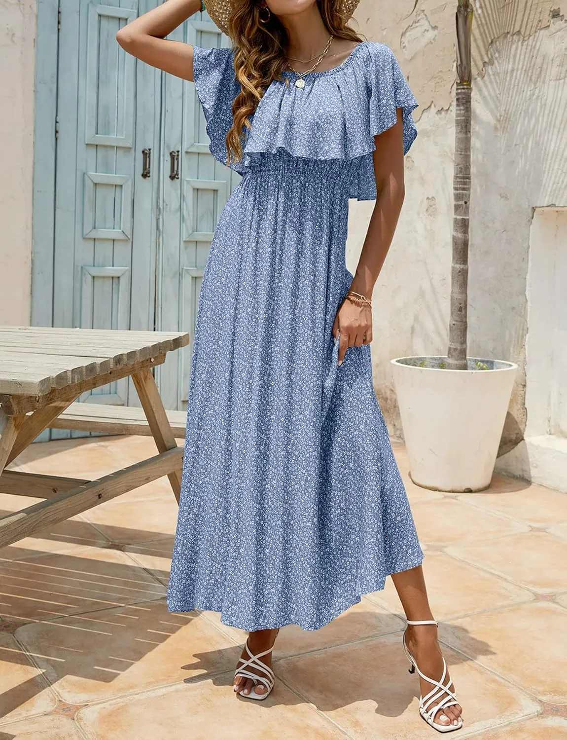 Bluetime Womens Maxi Dress Off Shoulder Floral Print Boho Beach Long Summer Dresses