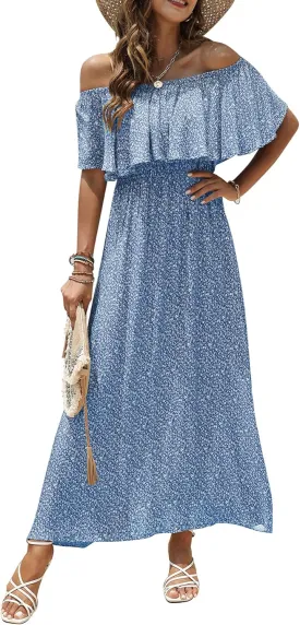 Bluetime Womens Maxi Dress Off Shoulder Floral Print Boho Beach Long Summer Dresses