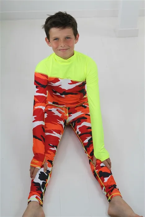 BOY'S LONG SWIMSUIT DAB - RED CAMO W- YELLOW