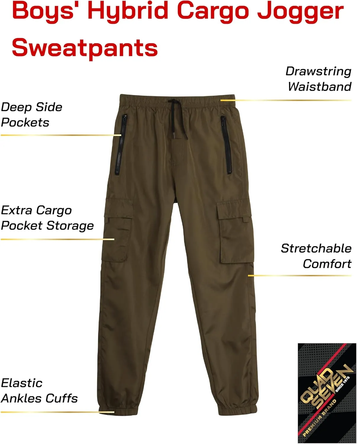 Boys Tech Pants - Quick Dry Performance Stretch Woven Joggers - Hybrid Cargo Jogger Pants for Boys (Sizes: 8-18)