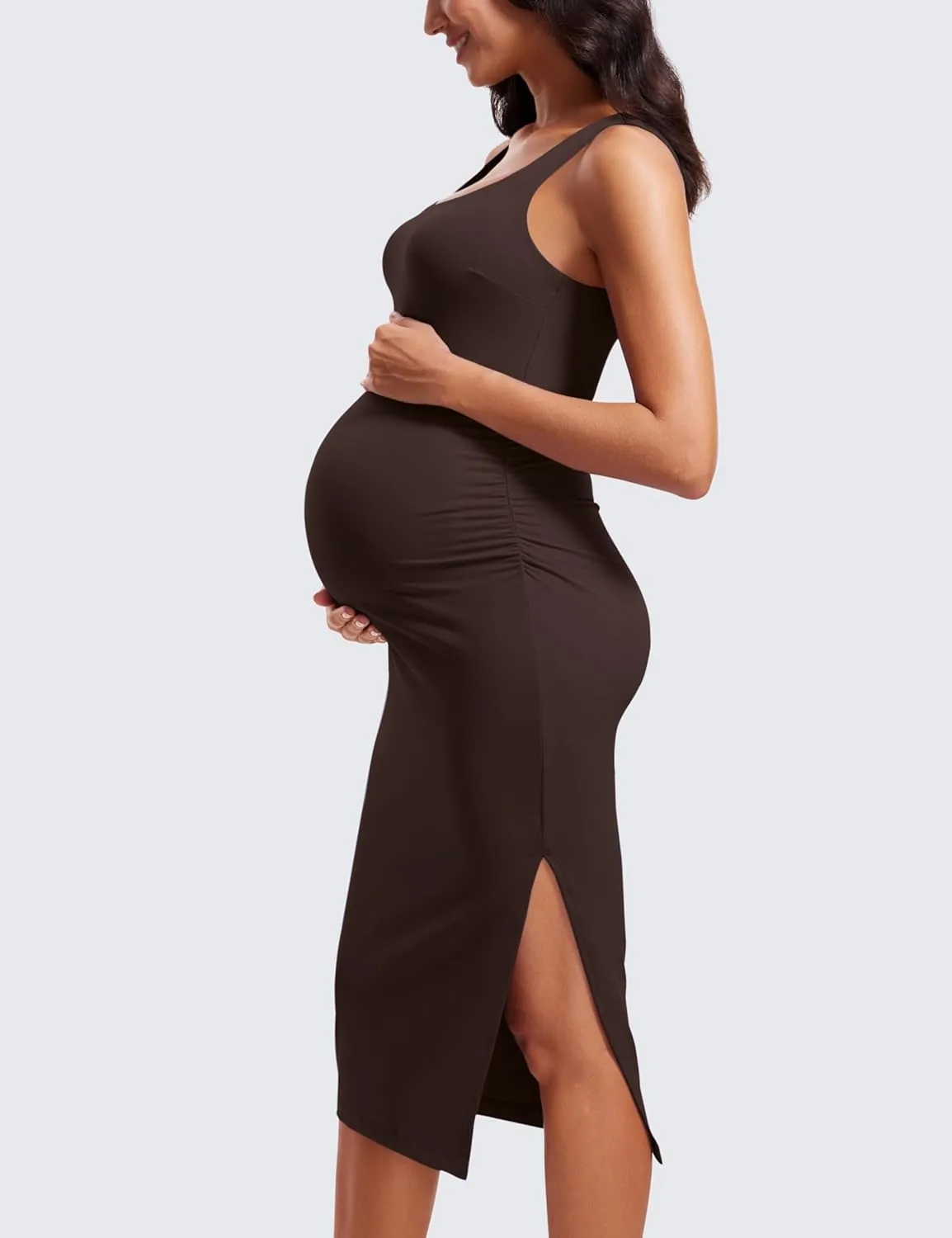 CRZ YOGA Women Butterluxe Sleeveless Tank Maternity Dress Split Ruched Pregnancy Square Neck Bodycon Casual Baby Shower