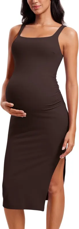 CRZ YOGA Women Butterluxe Sleeveless Tank Maternity Dress Split Ruched Pregnancy Square Neck Bodycon Casual Baby Shower