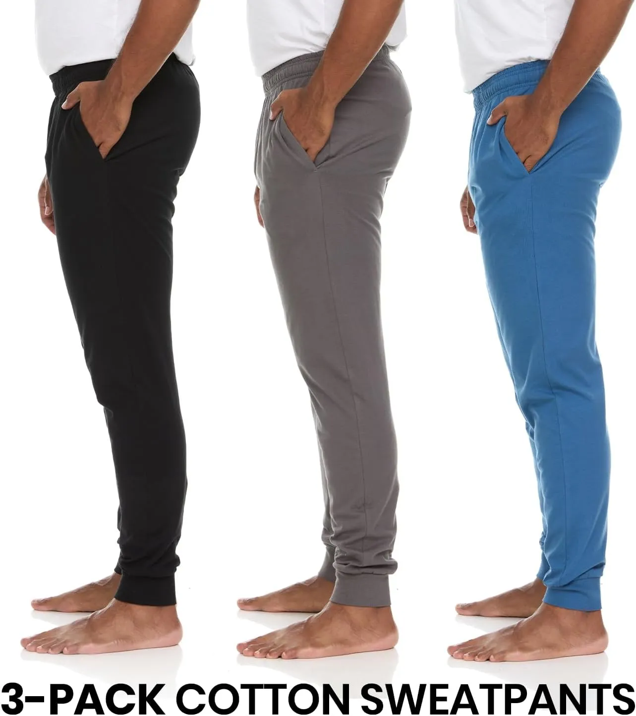 Essential Elements 3 Pack: Men's 100% Cotton Jogger Active Lounge Sweatpants with Pockets