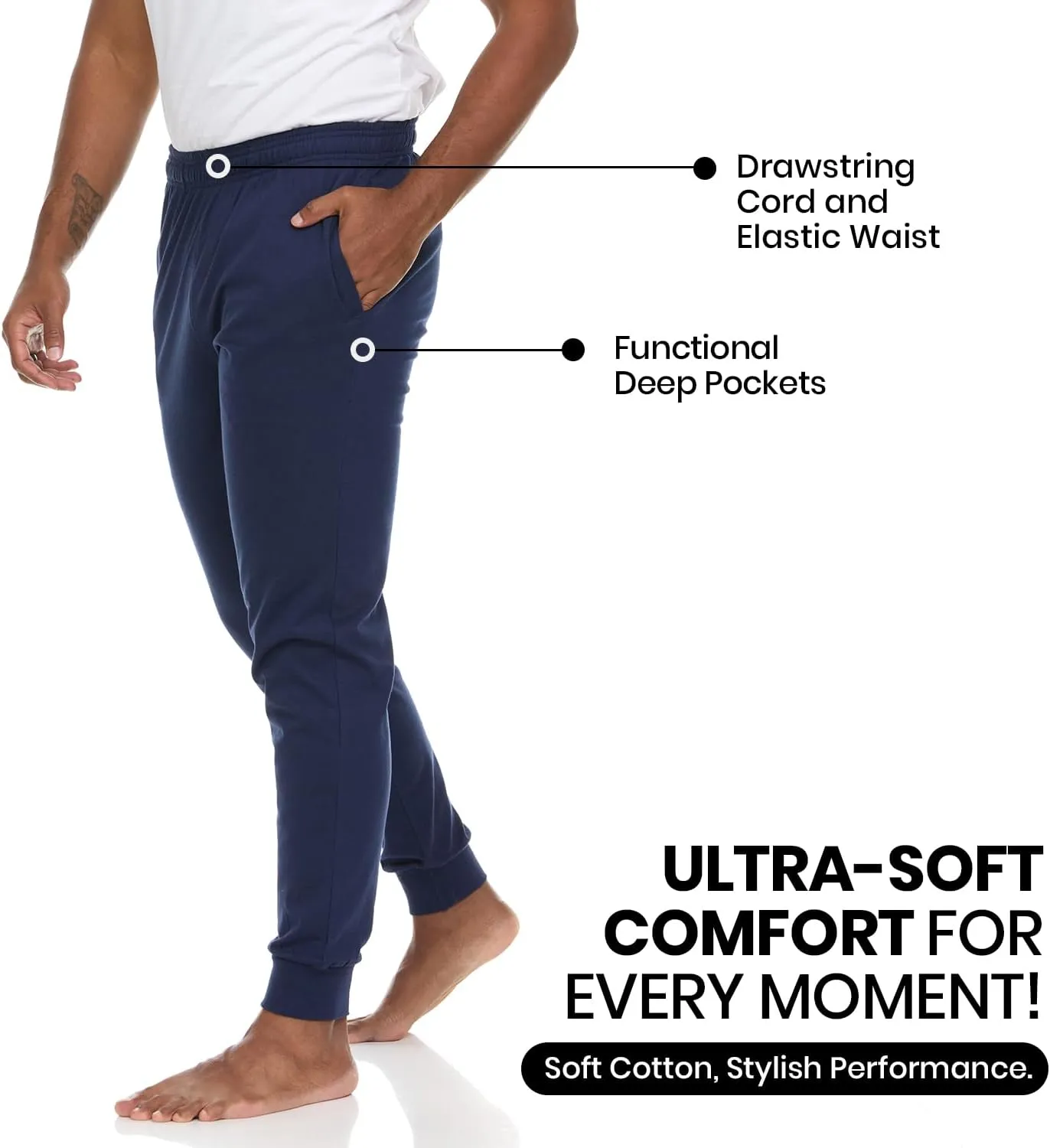 Essential Elements 3 Pack: Men's 100% Cotton Jogger Active Lounge Sweatpants with Pockets