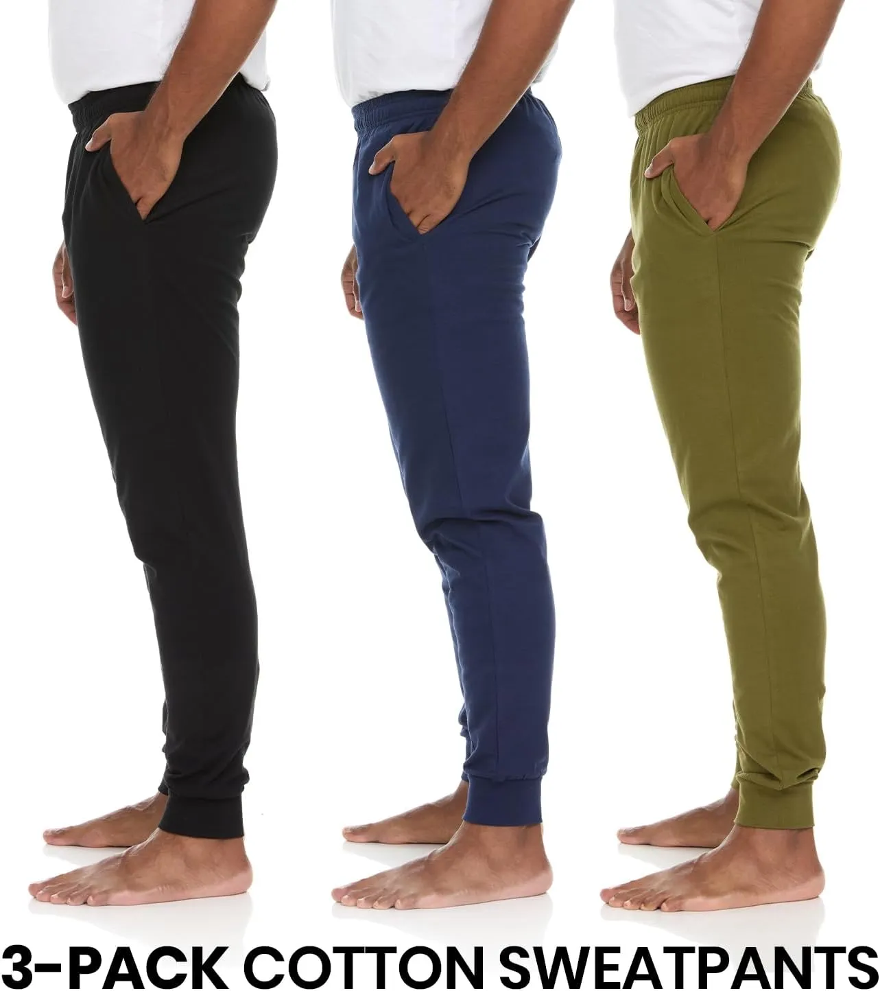 Essential Elements 3 Pack: Men's 100% Cotton Jogger Active Lounge Sweatpants with Pockets
