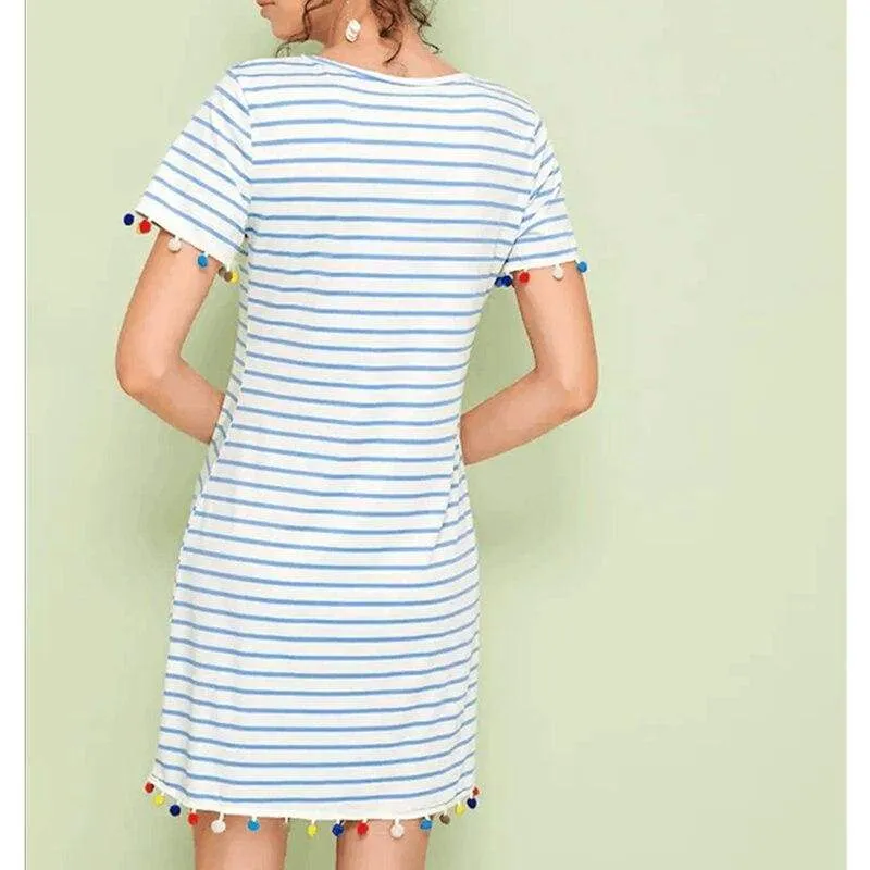 FashionSierra - New Women Short Sleeve Mini T-shirt Dress Summer Ladies Casual Round Neck Striped Tassel Loose Beach Sundress