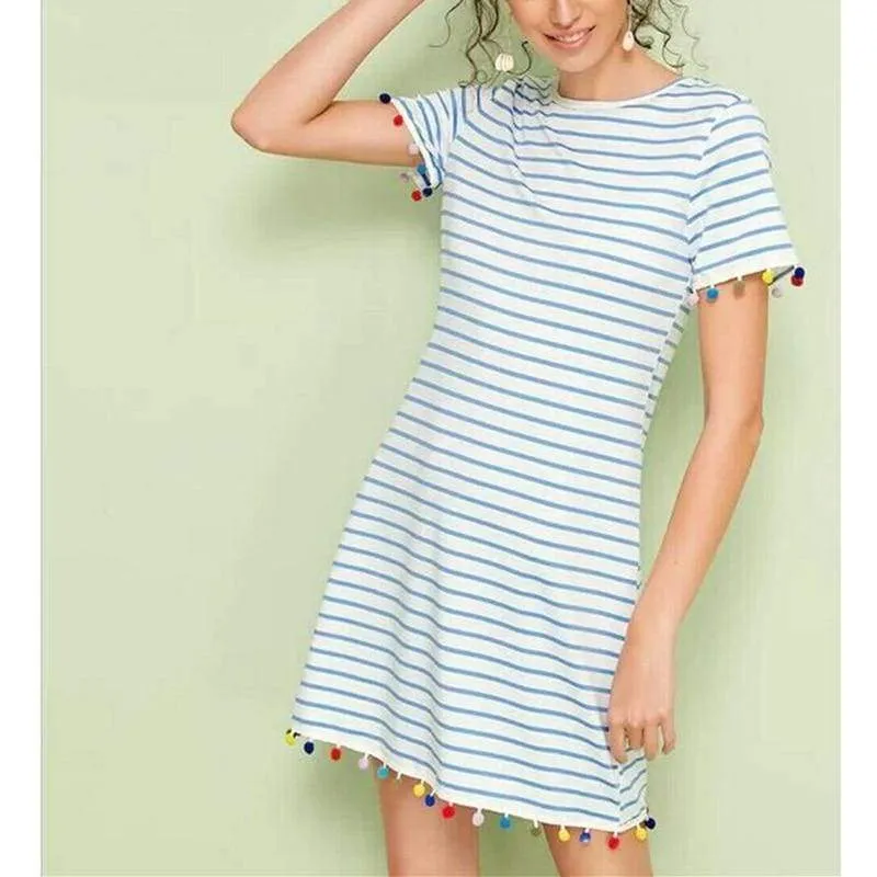 FashionSierra - New Women Short Sleeve Mini T-shirt Dress Summer Ladies Casual Round Neck Striped Tassel Loose Beach Sundress