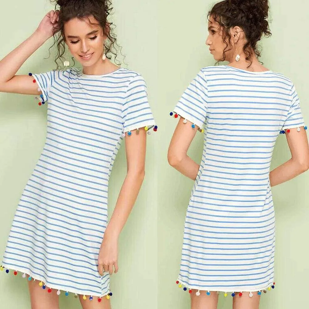 FashionSierra - New Women Short Sleeve Mini T-shirt Dress Summer Ladies Casual Round Neck Striped Tassel Loose Beach Sundress