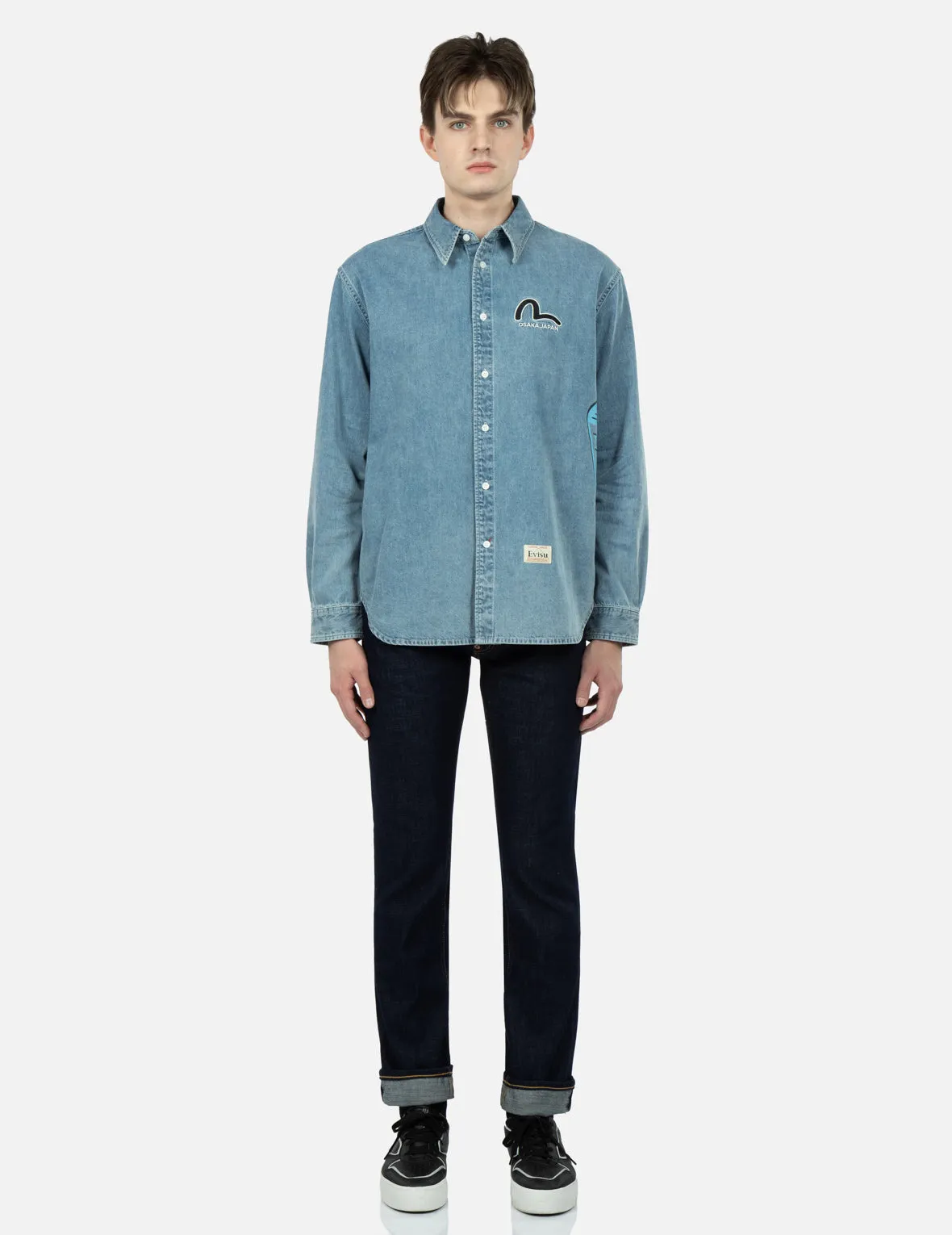 Graffiti Daruma Print Denim Shirt