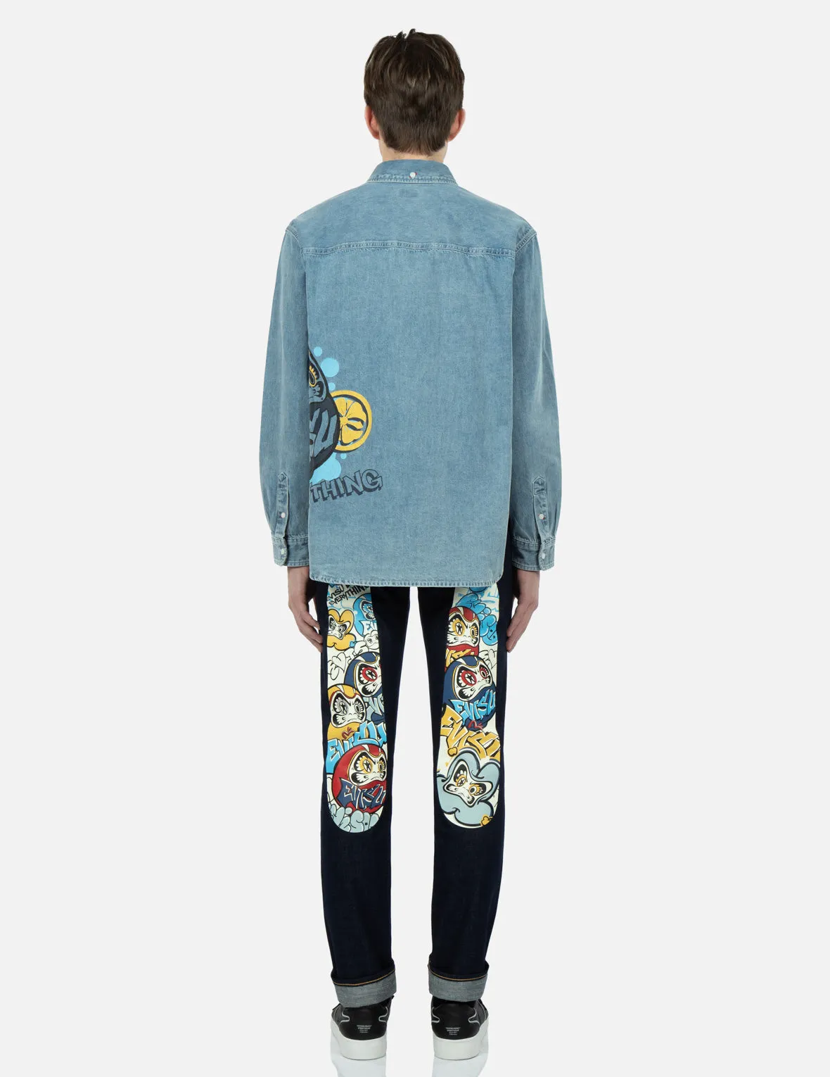 Graffiti Daruma Print Denim Shirt