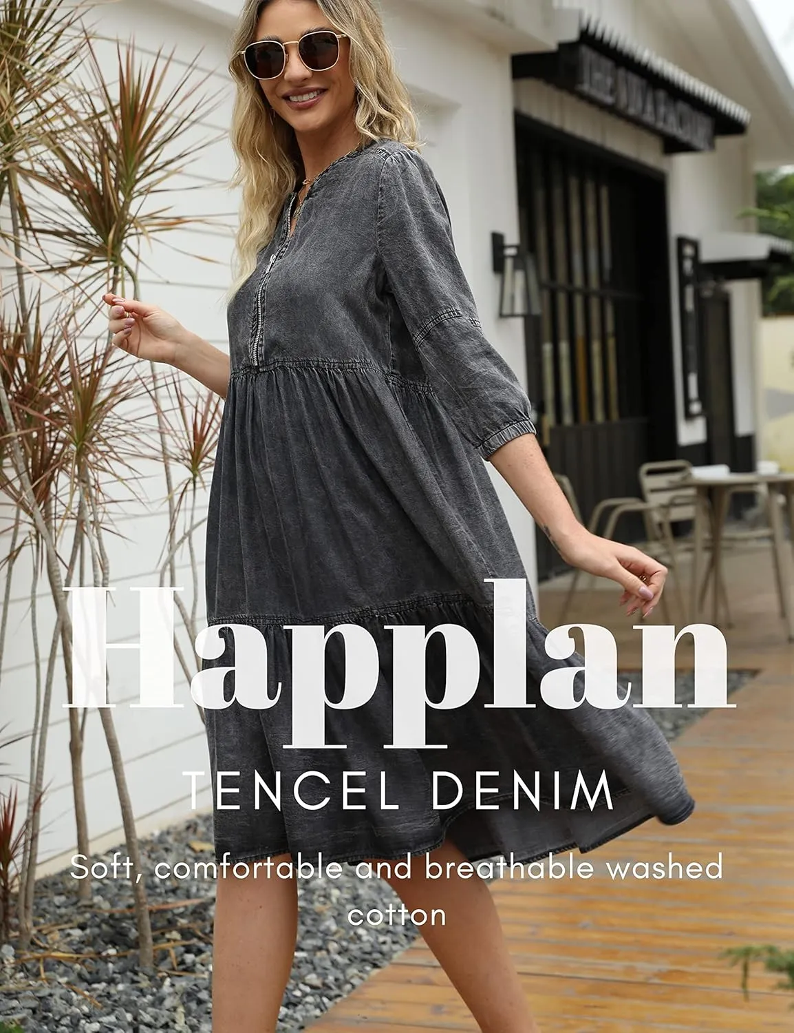 happlan Women's Silky Denim Dress Knee-Length with O-Neck and Solid Color