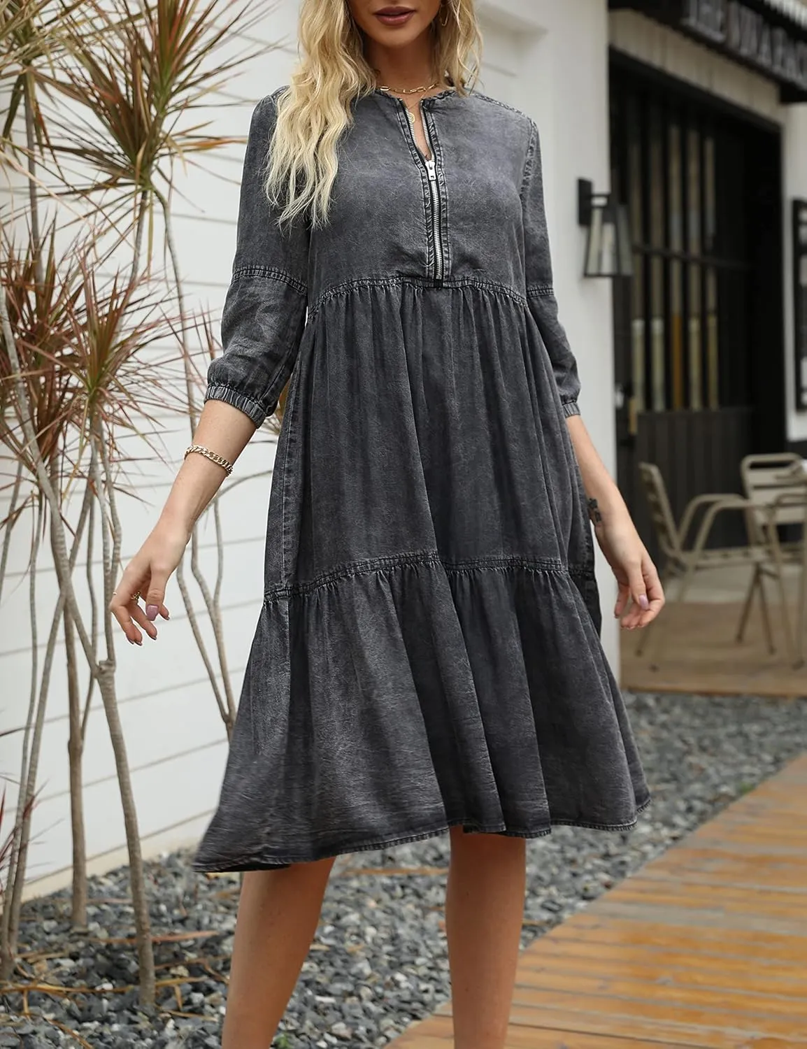 happlan Women's Silky Denim Dress Knee-Length with O-Neck and Solid Color