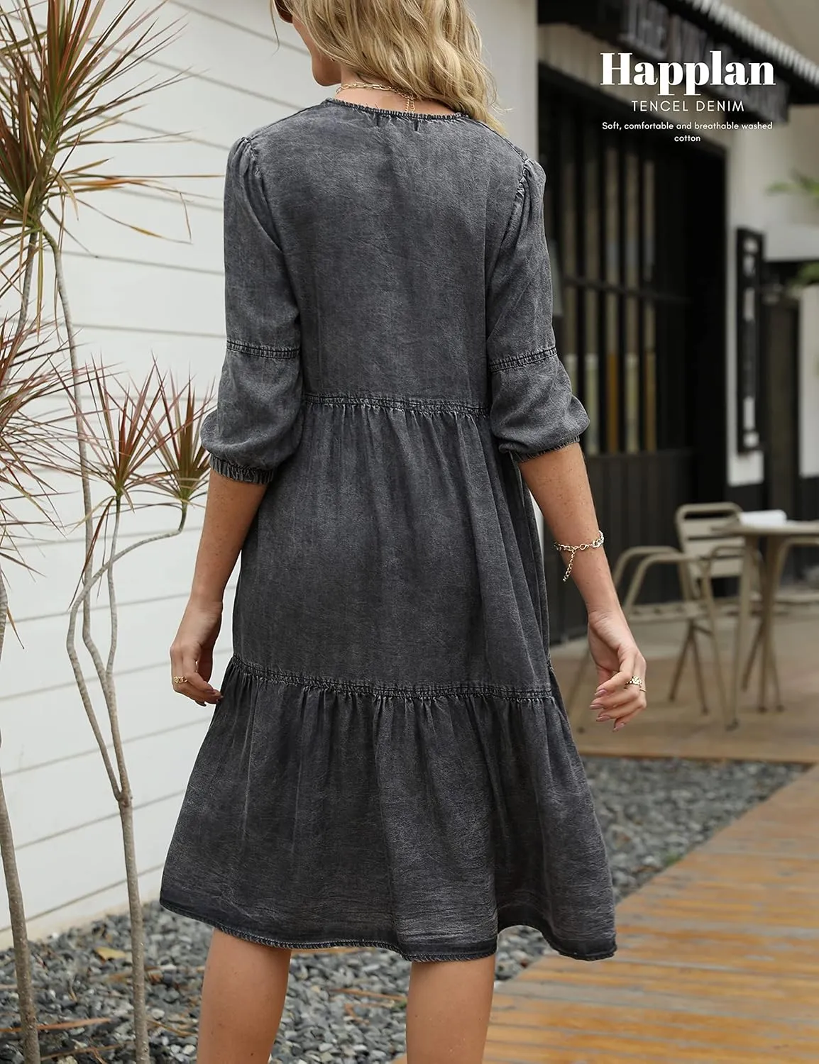 happlan Women's Silky Denim Dress Knee-Length with O-Neck and Solid Color