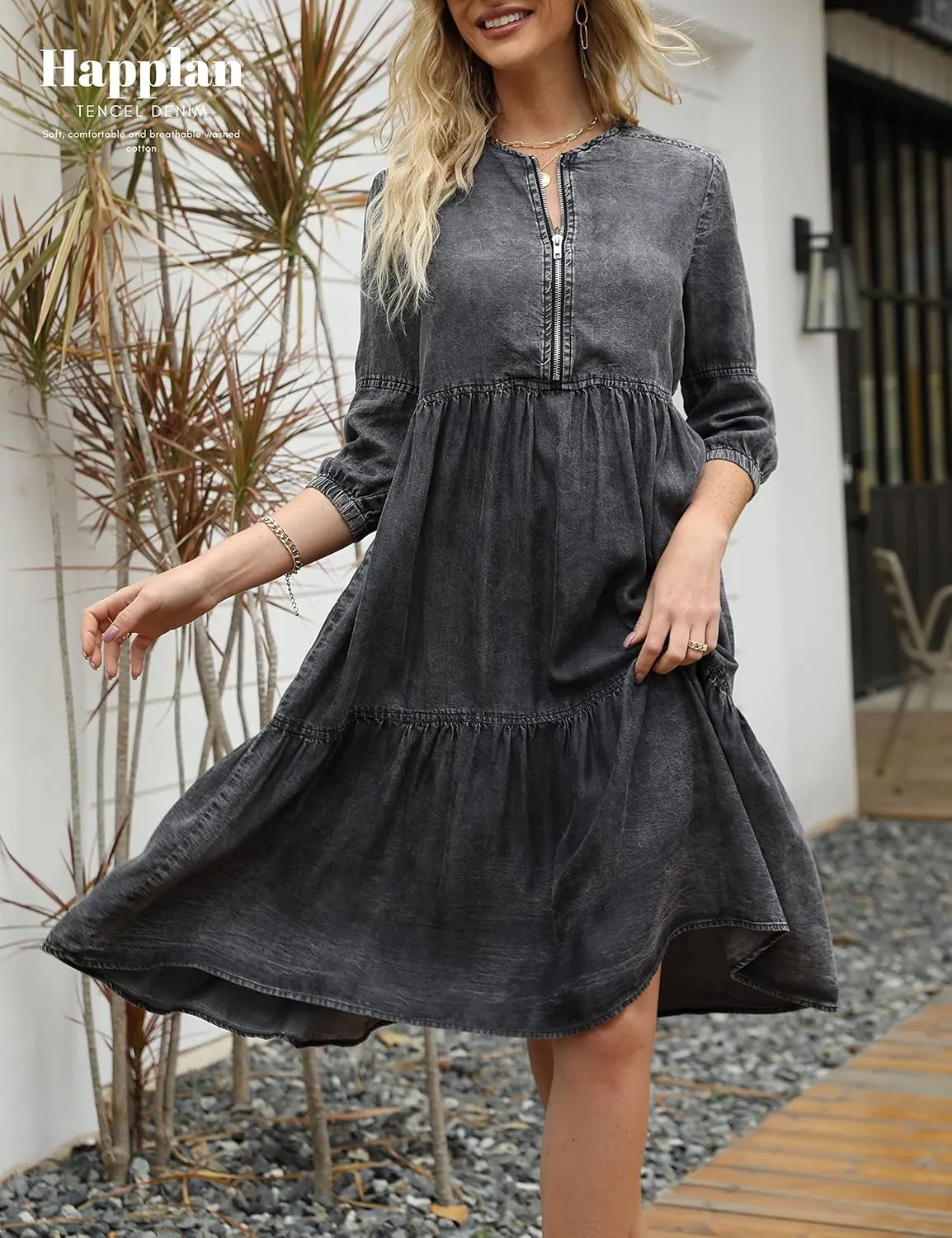 happlan Women's Silky Denim Dress Knee-Length with O-Neck and Solid Color