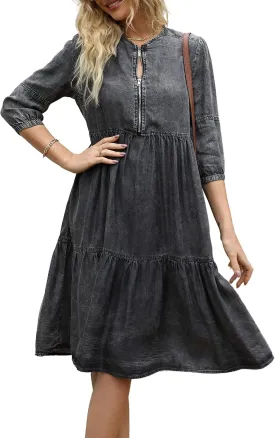 happlan Women's Silky Denim Dress Knee-Length with O-Neck and Solid Color