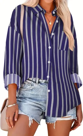 HOTOUCH Women Button Down Striped Shirts Drop Shoulder Blouse Long Sleeve Oversized Shirt with Pocket