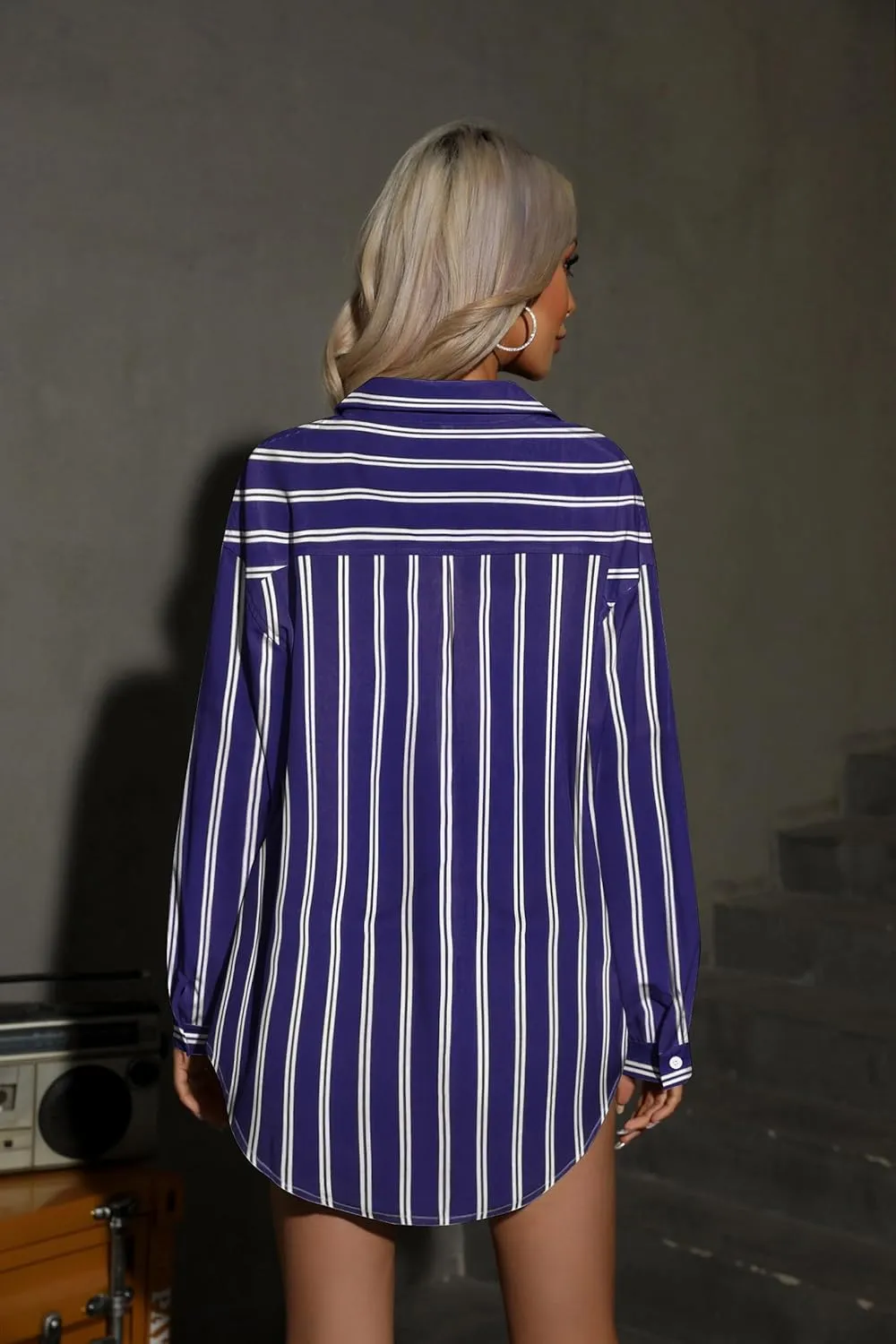 HOTOUCH Women Button Down Striped Shirts Drop Shoulder Blouse Long Sleeve Oversized Shirt with Pocket