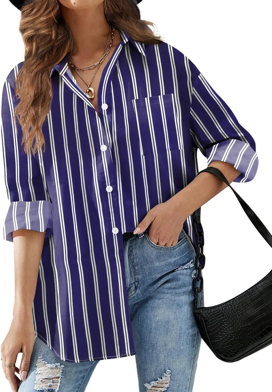 HOTOUCH Women Button Down Striped Shirts Drop Shoulder Blouse Long Sleeve Oversized Shirt with Pocket