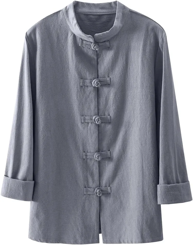 Kedera Women's Linen Shirts Retro Mandarin Collar Chinese Frog Button Tops Blouse