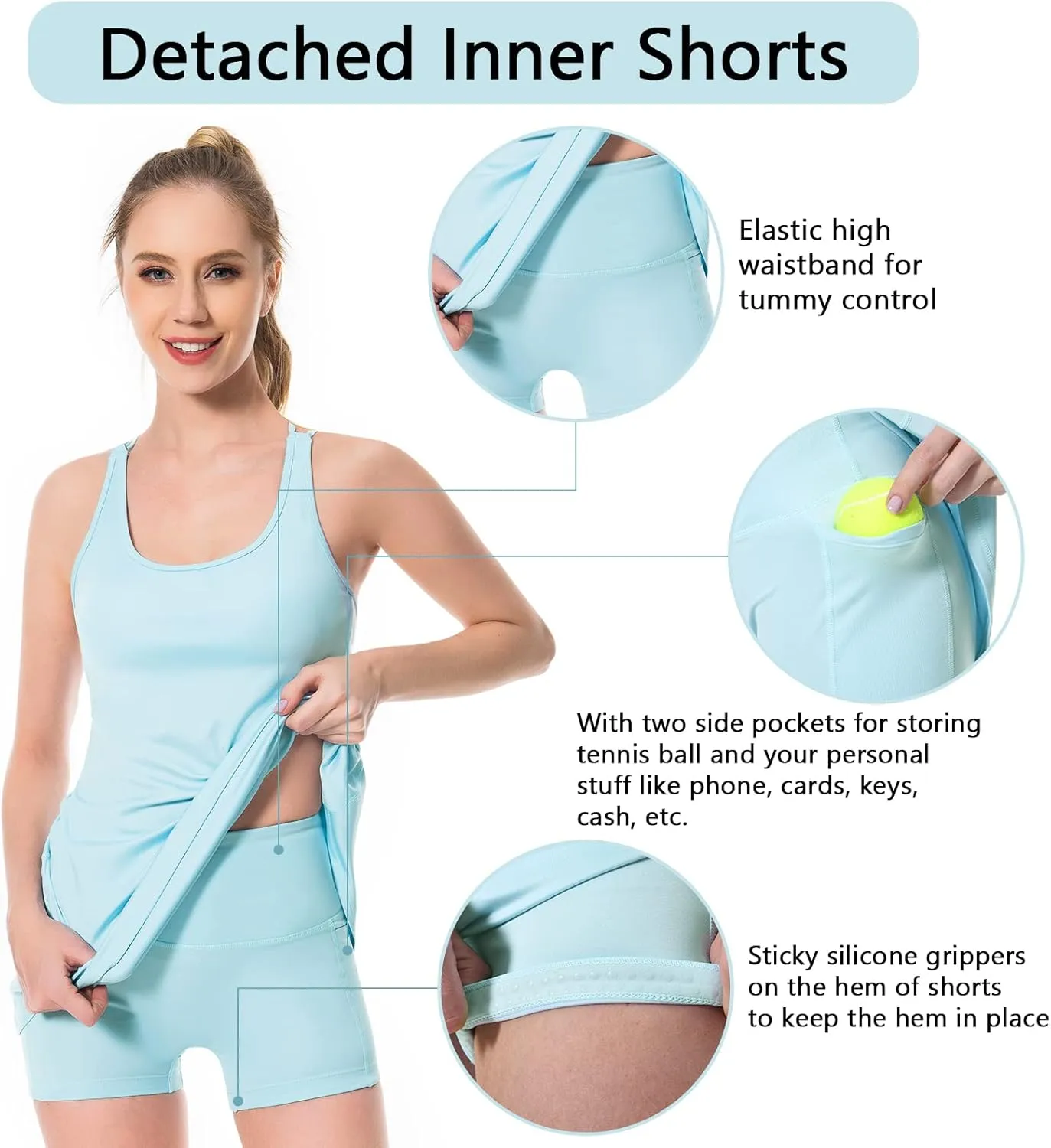 Lightbare Womens Tennis Dress with Built-in Bra & Detachable Shorts Adjustable Straps UPF 50  Quick Dry