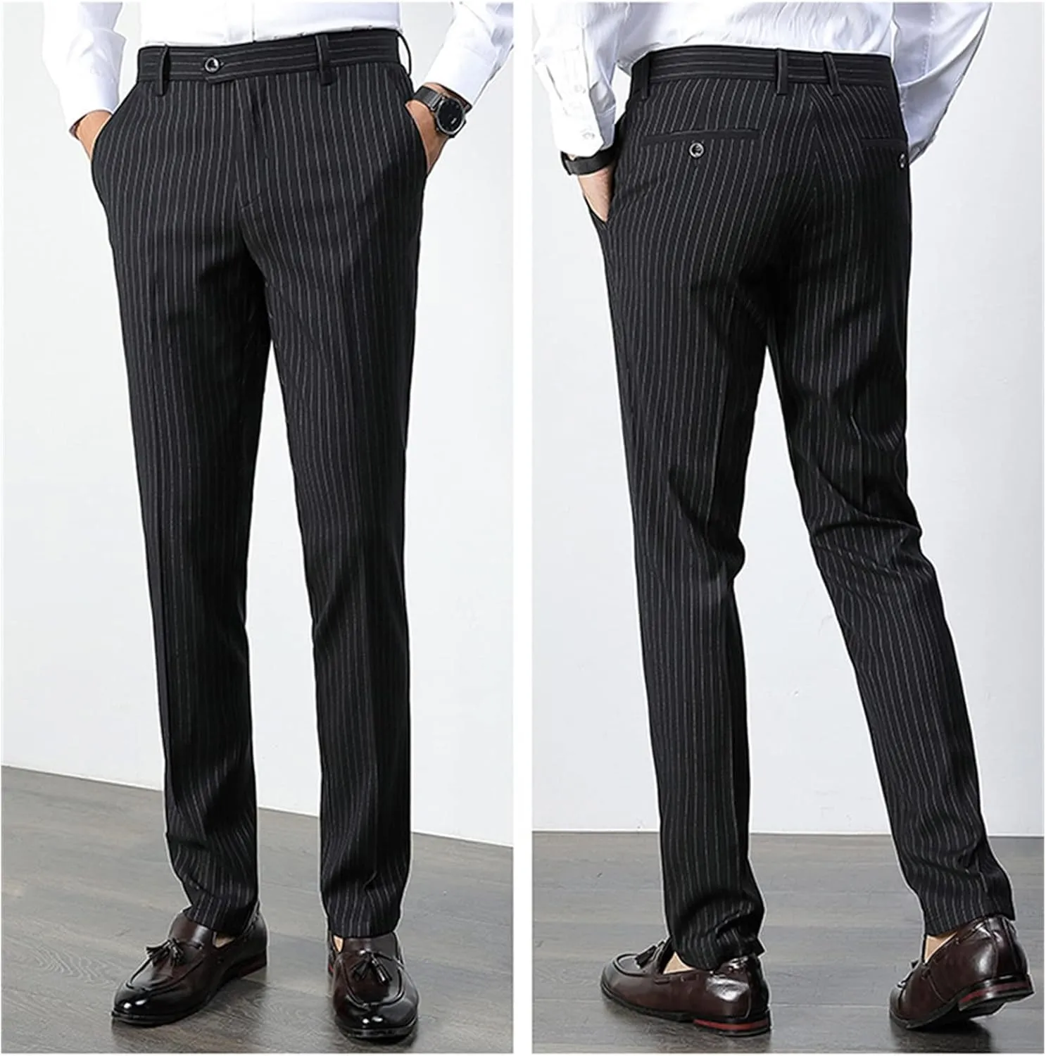 Maiyifu-GJ Men Slim Stretch Dress Pant Pinstripe Skinny Comfort Tapered Suit Pant Business Wrinkle-Resistant Casual Trousers