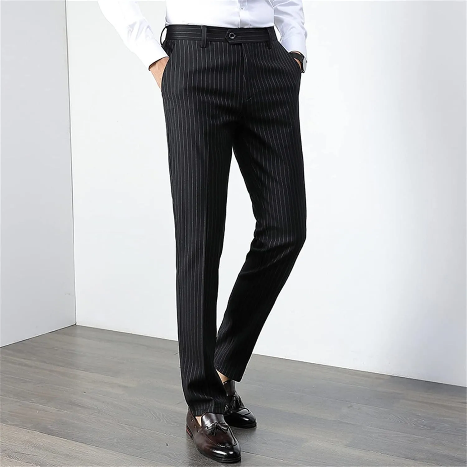 Maiyifu-GJ Men Slim Stretch Dress Pant Pinstripe Skinny Comfort Tapered Suit Pant Business Wrinkle-Resistant Casual Trousers