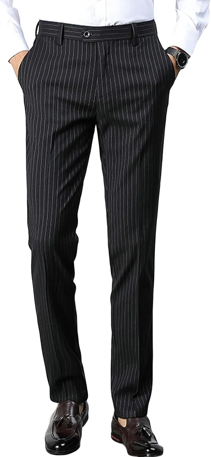 Maiyifu-GJ Men Slim Stretch Dress Pant Pinstripe Skinny Comfort Tapered Suit Pant Business Wrinkle-Resistant Casual Trousers