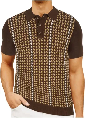 Men's Vintage Polo Shirts Lightweight Retro 70s Knit Houndstooth Golf Shirts Classic Buttons Collared Hipster Tees