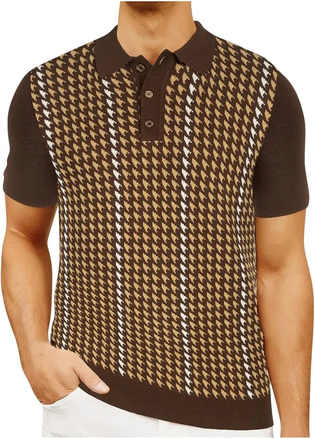Men's Vintage Polo Shirts Lightweight Retro 70s Knit Houndstooth Golf Shirts Classic Buttons Collared Hipster Tees