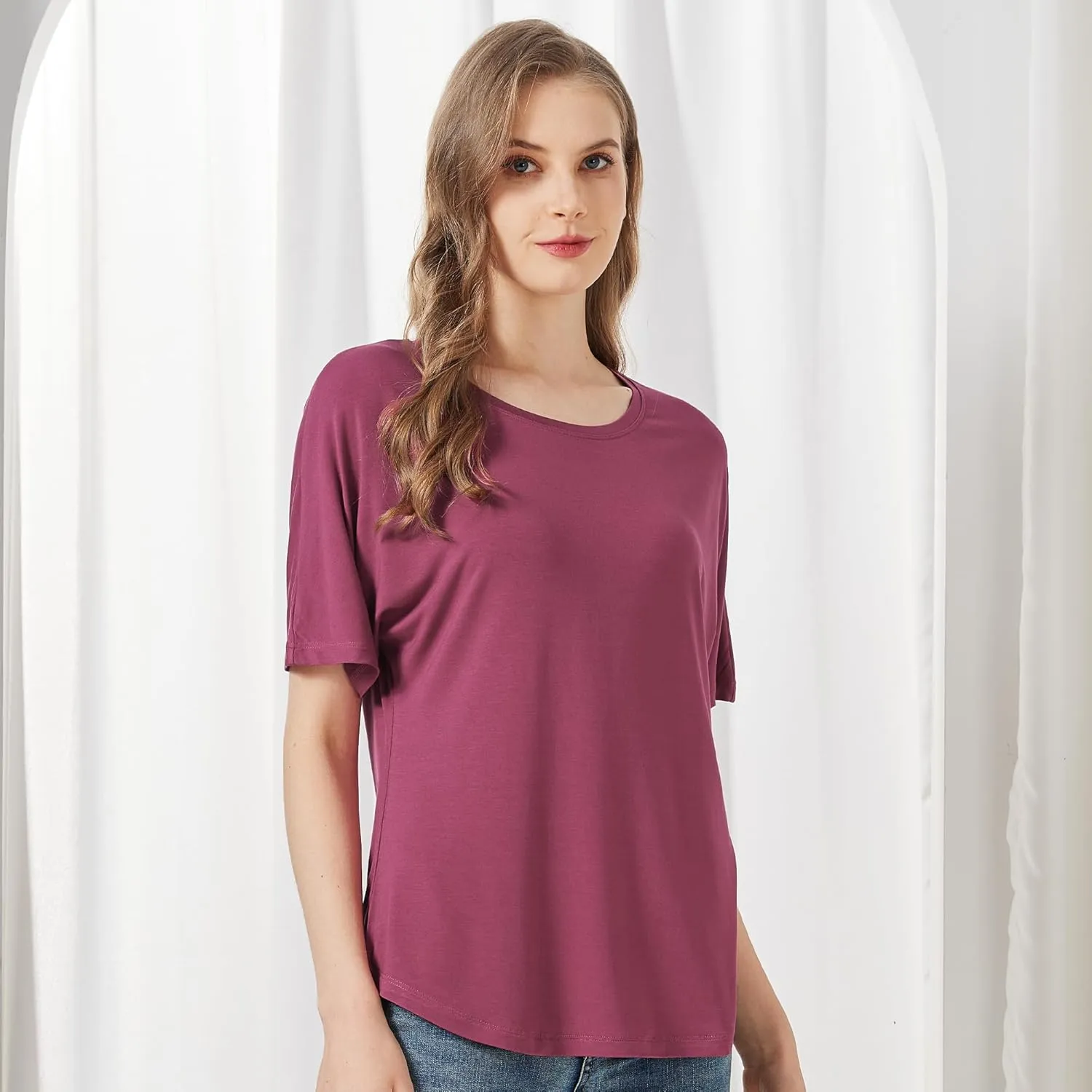 netdraw Women's Ultra Soft Bamboo Viscose Dolman Top Loose Fit Trendy Casual Lounge Short Sleeve Pajama Batwing T-Shirt
