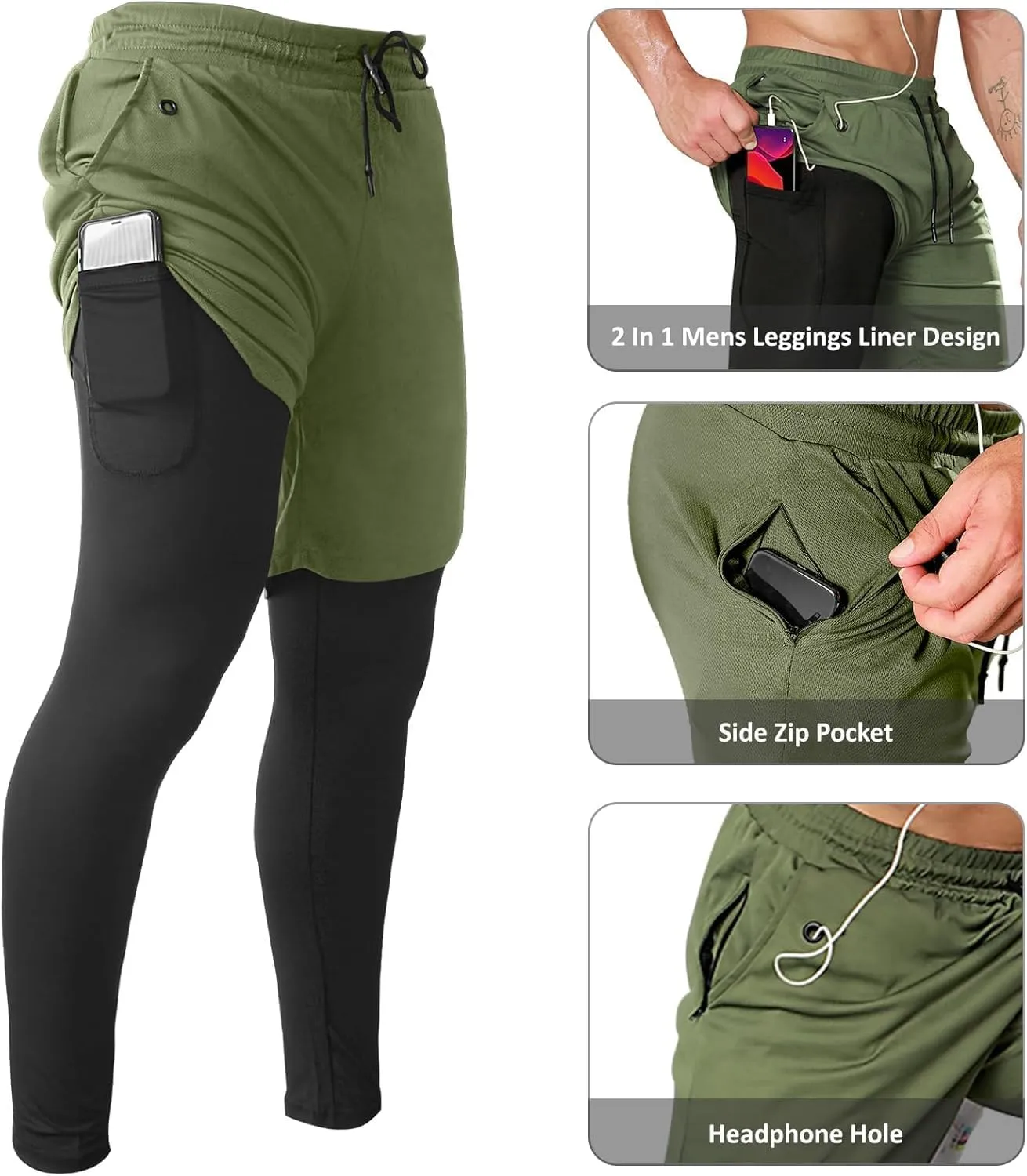 OEBLD Mens 2 in 1 Athletic Running Pants Quick Dry Gym Workout Shorts for Men Compression Pants with Pockets