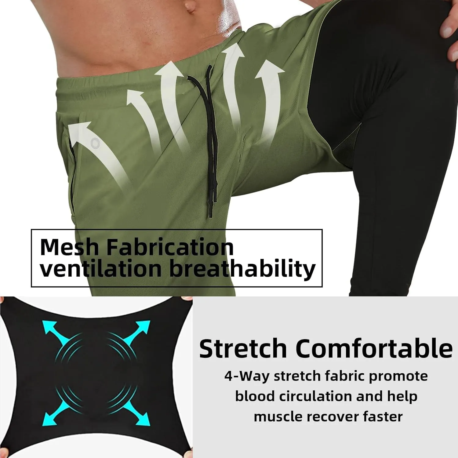 OEBLD Mens 2 in 1 Athletic Running Pants Quick Dry Gym Workout Shorts for Men Compression Pants with Pockets