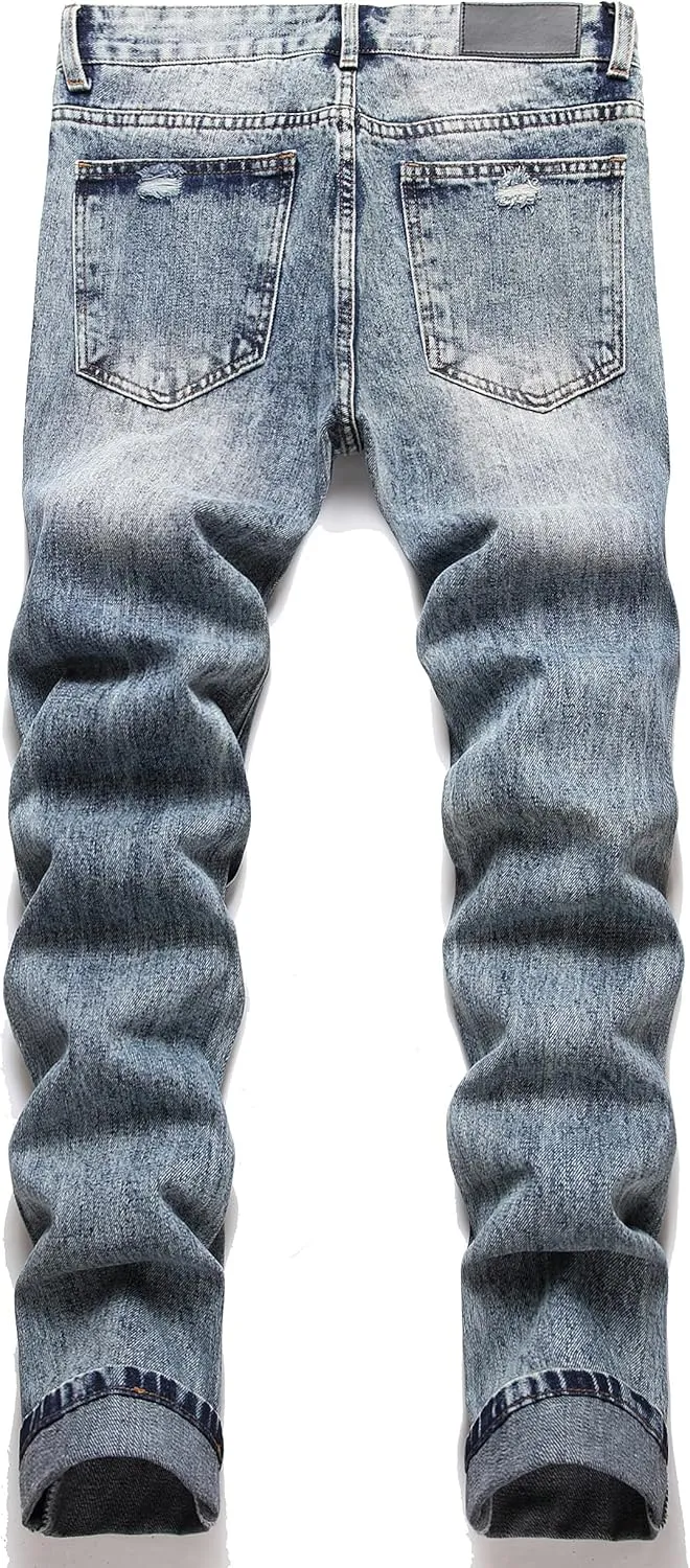 OIIIO Men's Ripped Slim Fit Straight Leg Jean Denim Pant