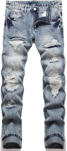 OIIIO Men's Ripped Slim Fit Straight Leg Jean Denim Pant