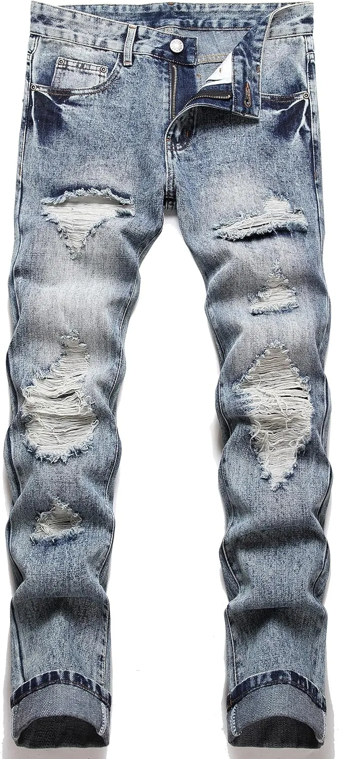 OIIIO Men's Ripped Slim Fit Straight Leg Jean Denim Pant