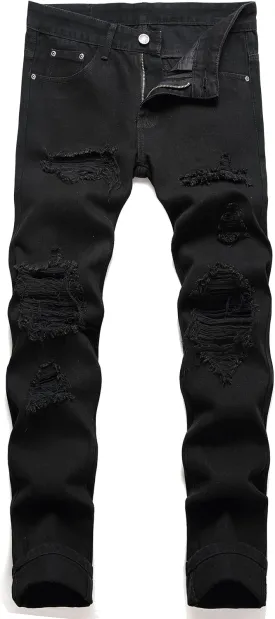 OIIIO Men's Ripped Slim Fit Straight Leg Jean Denim Pant