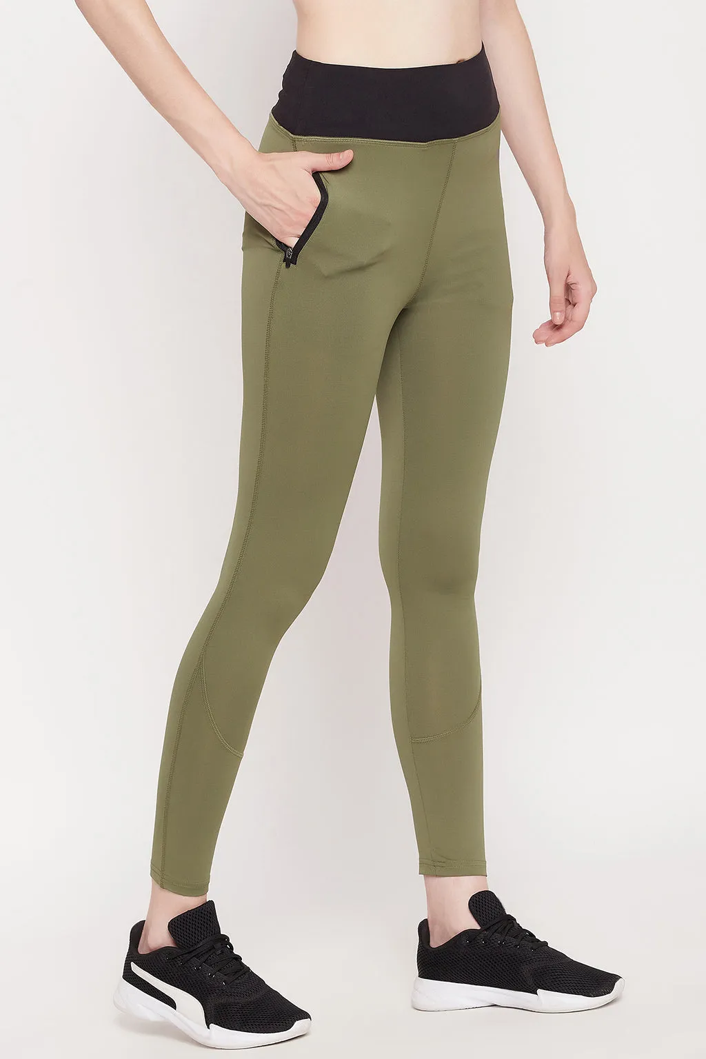 Olive Green High-Rise Active Tights with Side Pockets