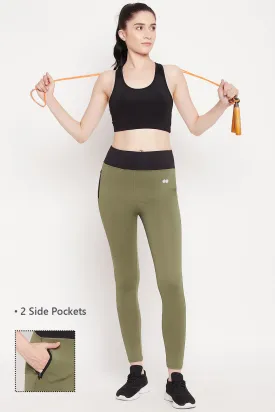 Olive Green High-Rise Active Tights with Side Pockets