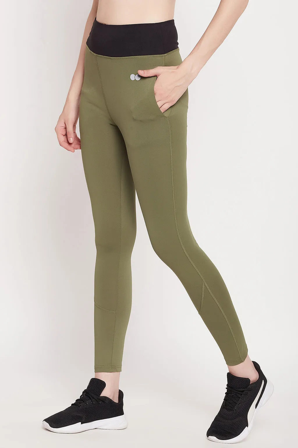 Olive Green High-Rise Active Tights with Side Pockets