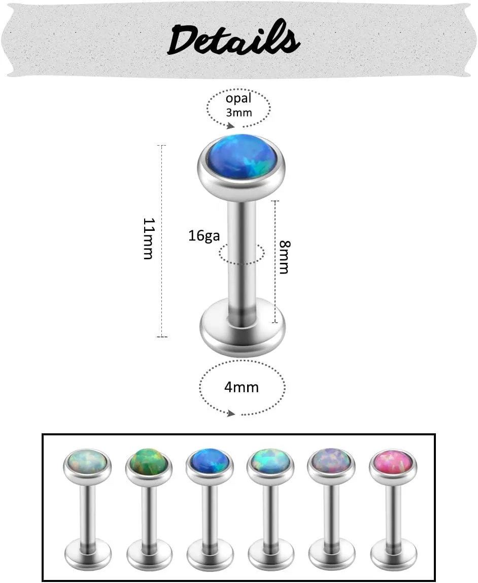PiercingJ 2-12pcs 16G 316L Stainless Steel Cartilage Tragus Earrings 3mm Round Opal 5/16" Barbell Ear Stud Helix Lip Labret Monroe Earring Birthstone Body Piercing Jewelry