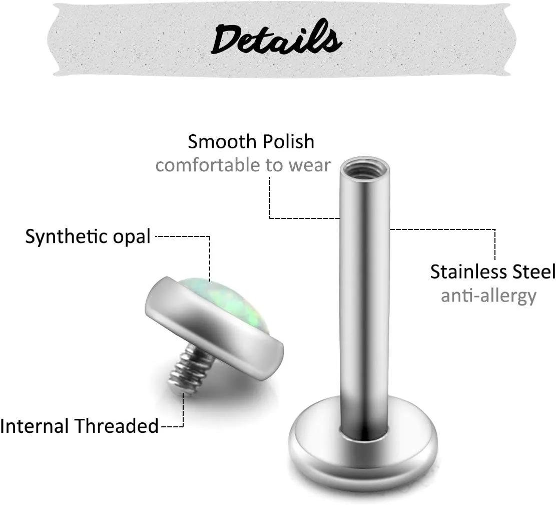 PiercingJ 2-12pcs 16G 316L Stainless Steel Cartilage Tragus Earrings 3mm Round Opal 5/16" Barbell Ear Stud Helix Lip Labret Monroe Earring Birthstone Body Piercing Jewelry