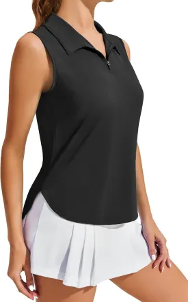 PINSPARK Women Golf Shirts Sleeveless UPF 50  Tennis Polo V-Neck Quick Dry Athletic T Shirt 1/4 Zip Collar Workout Tank Top
