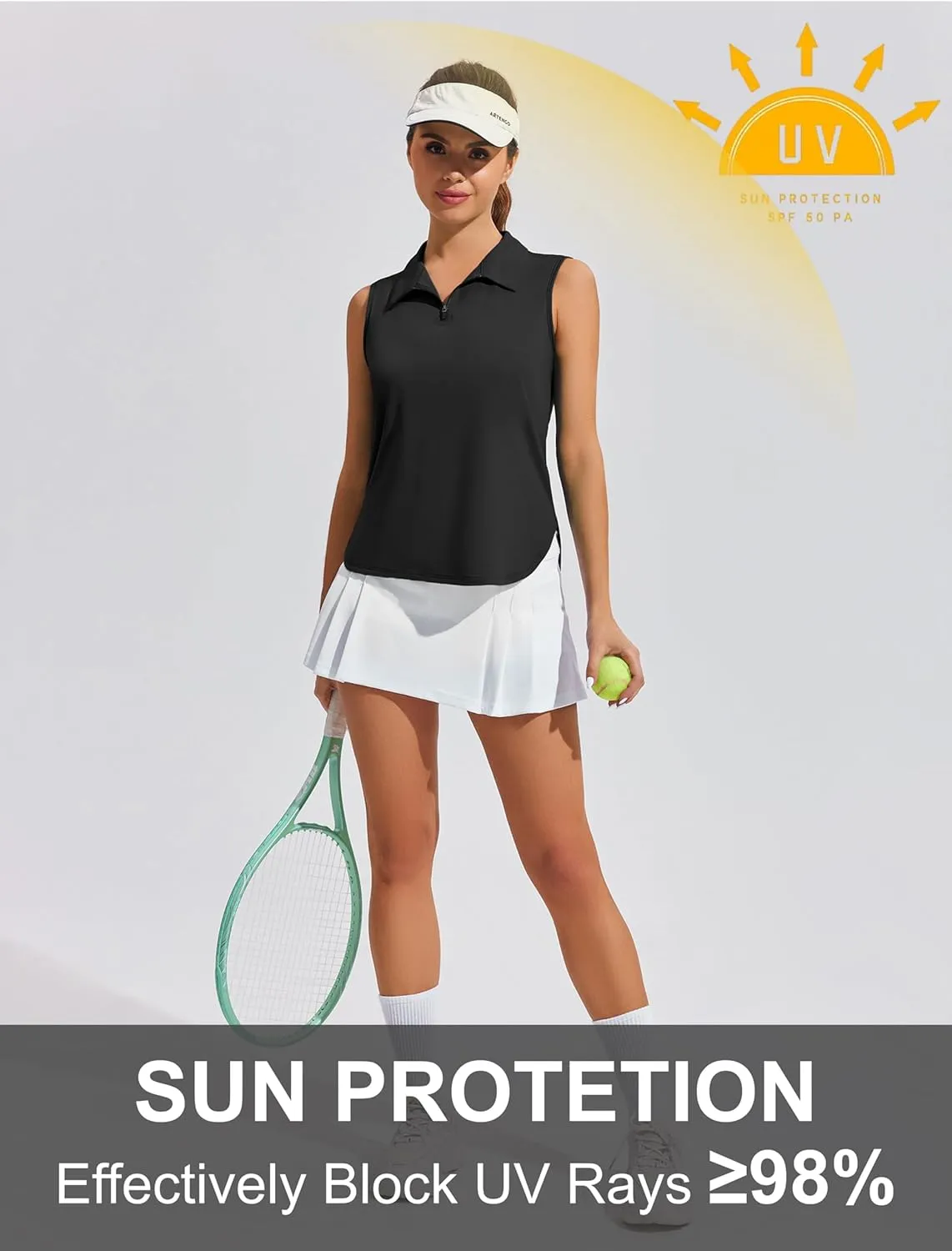 PINSPARK Women Golf Shirts Sleeveless UPF 50  Tennis Polo V-Neck Quick Dry Athletic T Shirt 1/4 Zip Collar Workout Tank Top